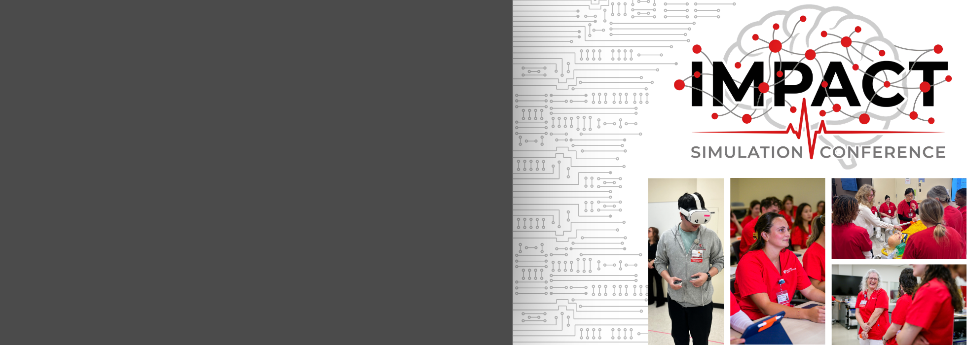IMPACT Simulation Conference logo with various photos of people working in a simulation center.